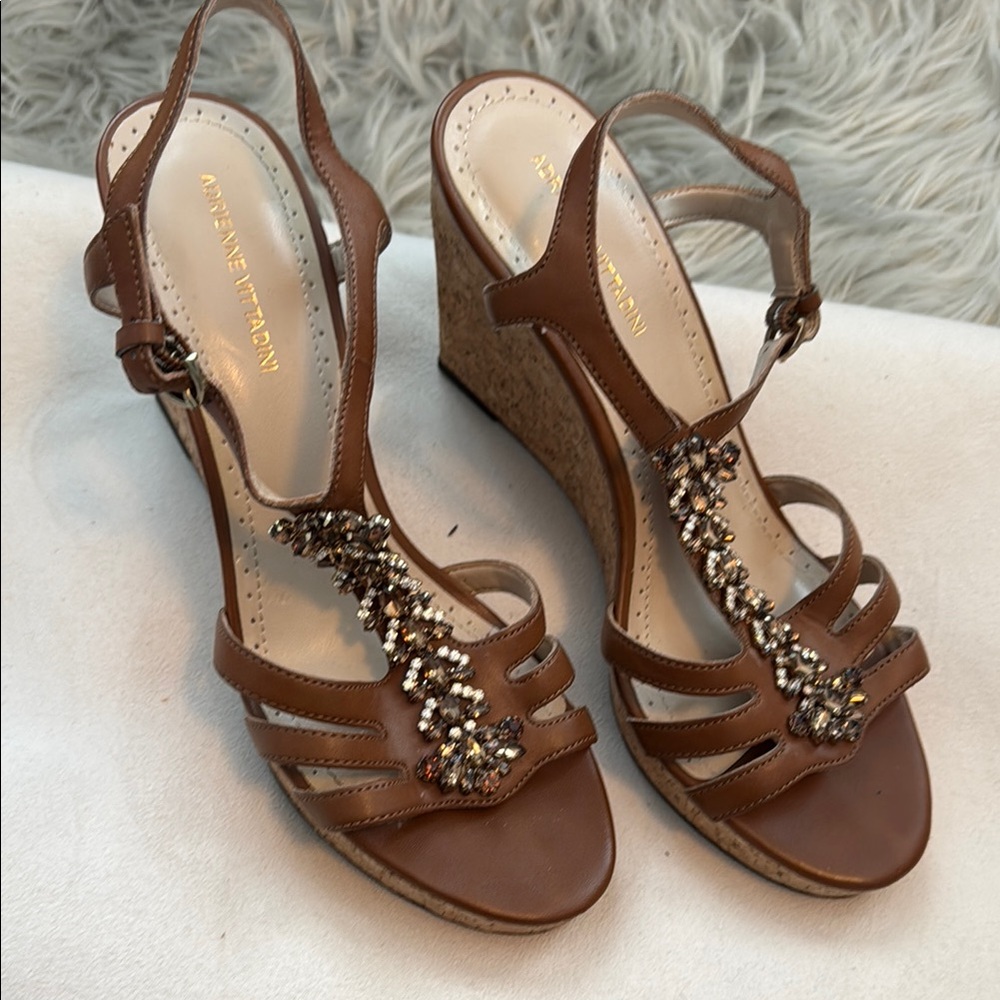 Adrienne Vittadini Brown Rhinestone Wedge Wedge Sandals